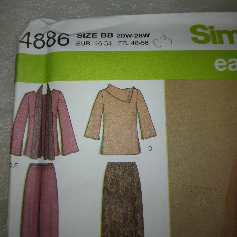 SIMPLICITY 4886 EASY TO SEW woman's tops pants skirt & scarf sz 20W-28W